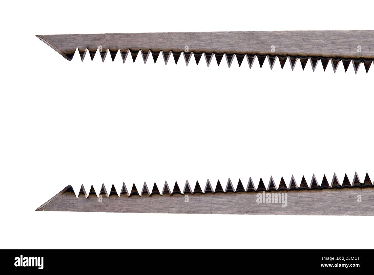 Close up of two straight metal saw blades one above and one below copy space with sharp long teeth and pointed shape against white background concept Stock Photo