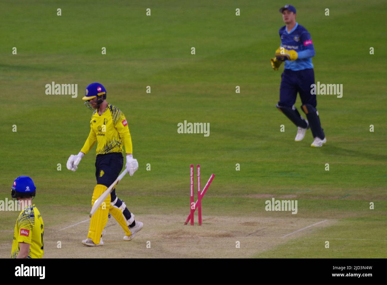Chester le Street, UK. 8 June 2022. Graham Clark batting for Durham Cricket leaving the wicket after being out, bowled by Dominic Leech of Yorkshire Vikings in a Vitality Blast match. Credit: Colin Edwards Credit: Colin Edwards/Alamy Live News Stock Photo