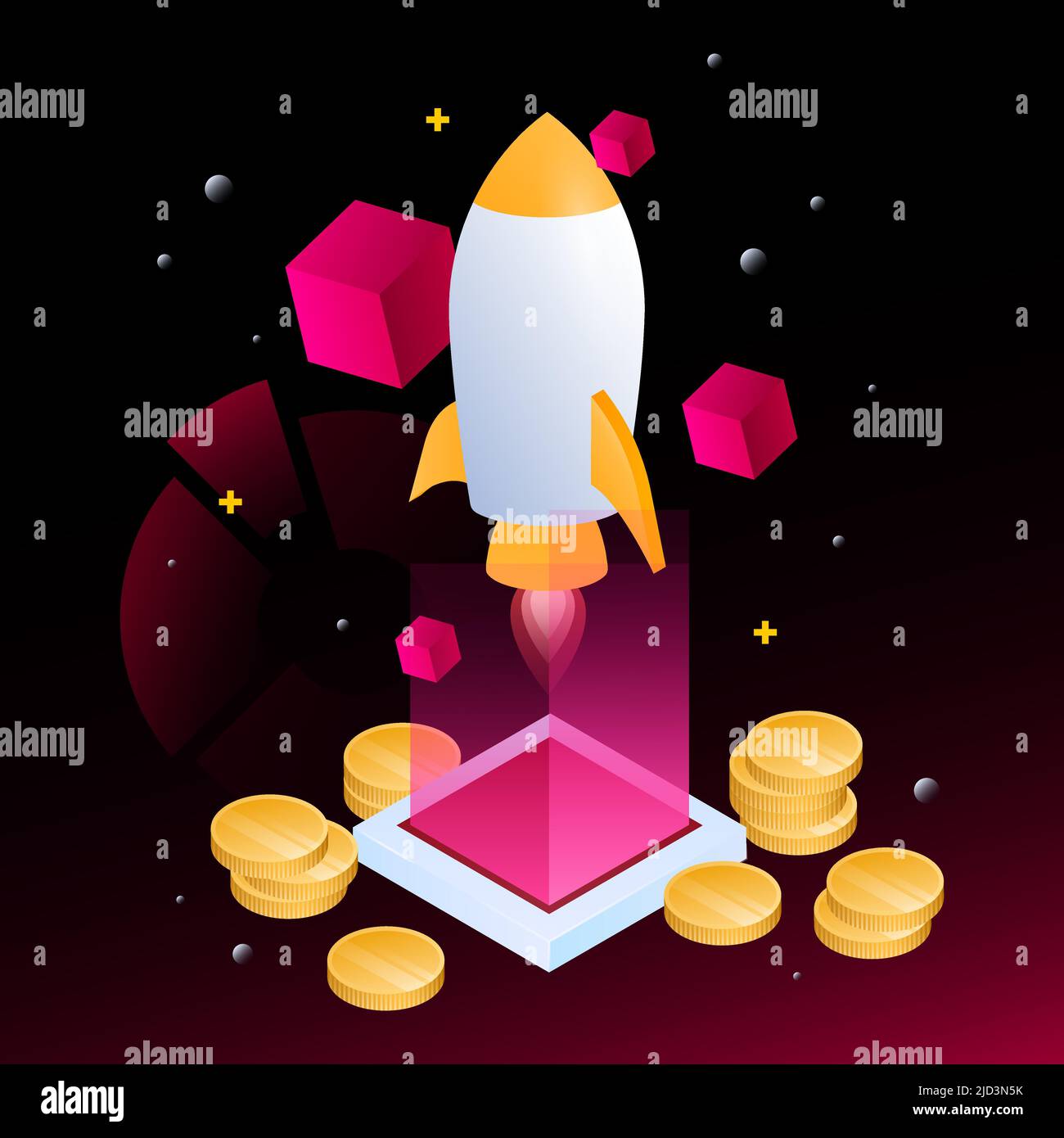 Crypto Rocket Illustration. Isometric Cubes and Coins on Dark ...