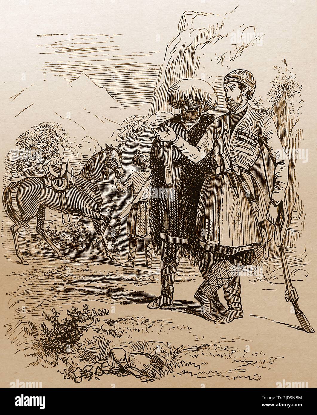 A late 19th century  engraving of male  residents of Circassia  in typical dress of the time, Circassia, also known variously as Cherkessia, Adıgə Xəku, Adıgey, Adyghe: Адыгэ Хэку, Адыгей, Çerkezistan, and Çerkesya in various cultures, was a country destroyed and devastated after the Russian-Circassian War (1763–1864). It  was infamous for the Circassian genocide when 90% of the population was either massacred or exiled. It is now recognised as a region of the North Caucasus.  -- Гравюра конца 19-го века с изображением мужчин-жителей Черкесии в типичной одежде того времени Stock Photo