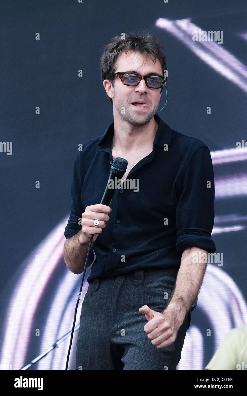 Newport, UK. 17th June, 2022. Justin Hayward-Young, lead vocalist with English Indie rock band The Vaccines performs live on stage at the Isle of Wight Festival. Credit: SOPA Images Limited/Alamy Live News Stock Photo