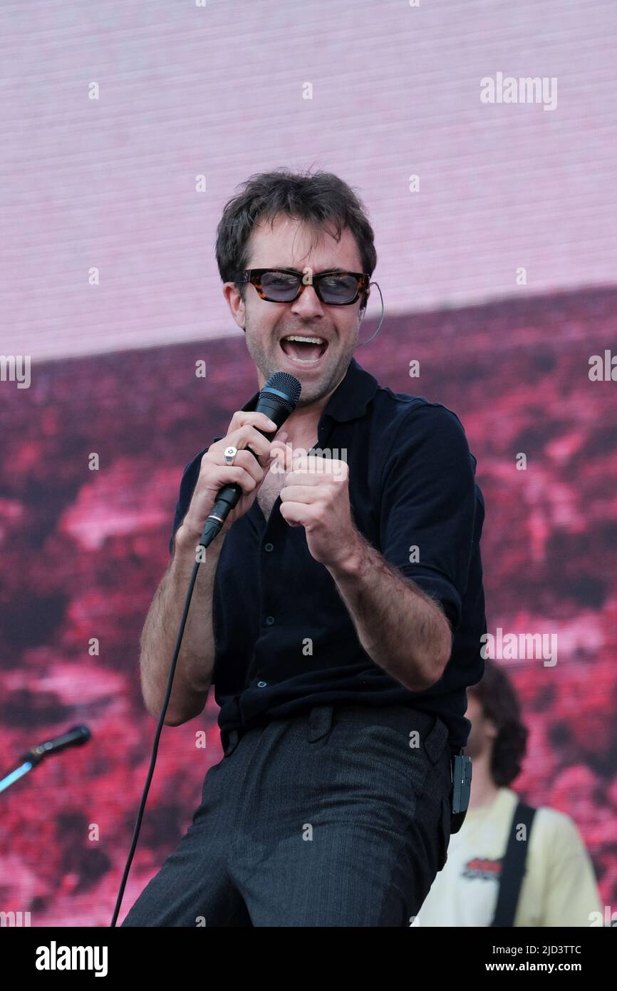 Newport, UK. 17th June, 2022. Justin Hayward-Young, lead vocalist with English Indie rock band The Vaccines performs live on stage at the Isle of Wight Festival. (Photo by Dawn Fletcher-Park/SOPA Images/Sipa USA) Credit: Sipa USA/Alamy Live News Stock Photo