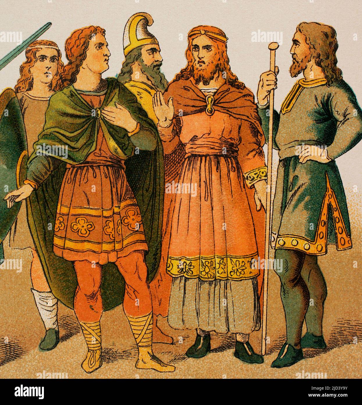 Anglo-Saxons (500-1000). Nobles. Chromolithography. 'Historia Universal' (Universal History), by César Cantú. Volume IV. Published in Barcelona, 1881. Stock Photo