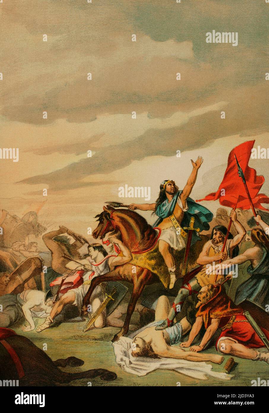 Battle of Tolbiac (496). Confrontation between Franks and Alemanni. Ancient Gaul, near Cologne (Germany). Clovis I, King of the Franks, defeated the Alemanni. Chromolithography. 'Historia Universal' (Universal History), by César Cantú. Volume IV. Published in Barcelona, 1881. Stock Photo