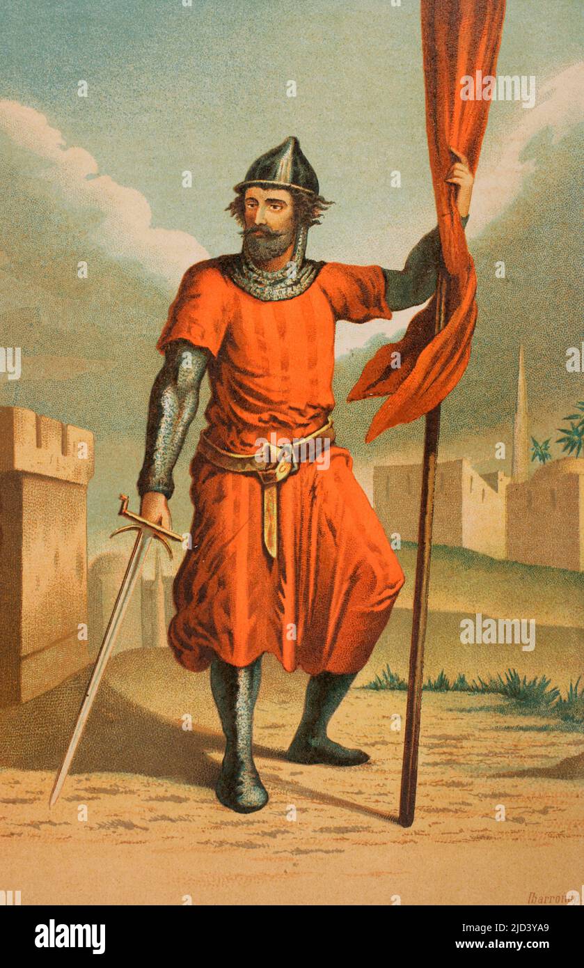 Roger de Flor (ca. 1267-1305). Mercenary warlord who served the Crown of Aragon. Chromolithography. 'Historia Universal' (Universal History), by César Cantú. Volume VI. Published in Barcelona, 1885. Stock Photo