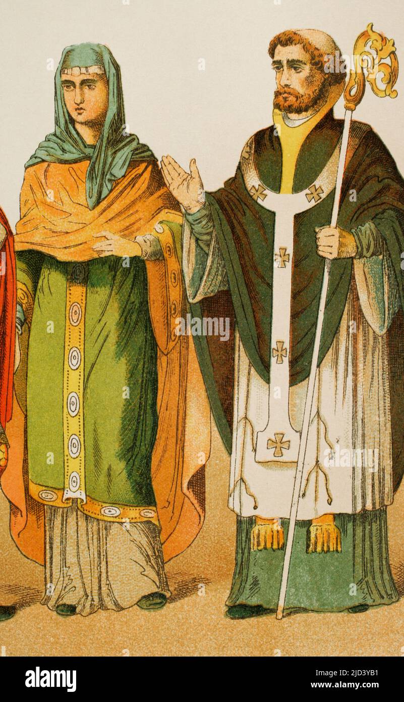 Anglo-Saxons (500-1000). Noblewoman of 850 and bishop of 900. Chromolithography. 'Historia Universal' (Universal History), by César Cantú. Volume IV. Published in Barcelona, 1881. Stock Photo