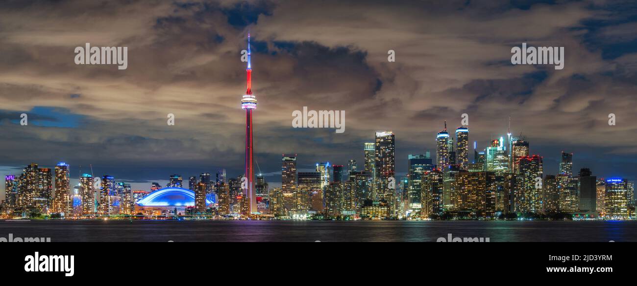 Panoramic view of Toronto skyline at night in Toronto, Ontario, Canada. Stock Photo