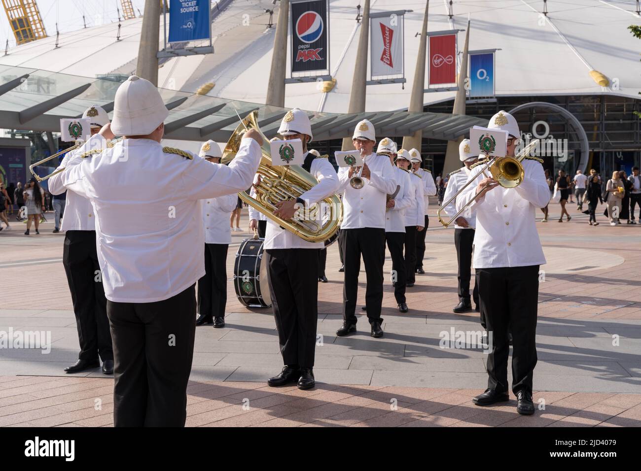 Marching band playing in North Greenwich, near the O2 arena on a hot