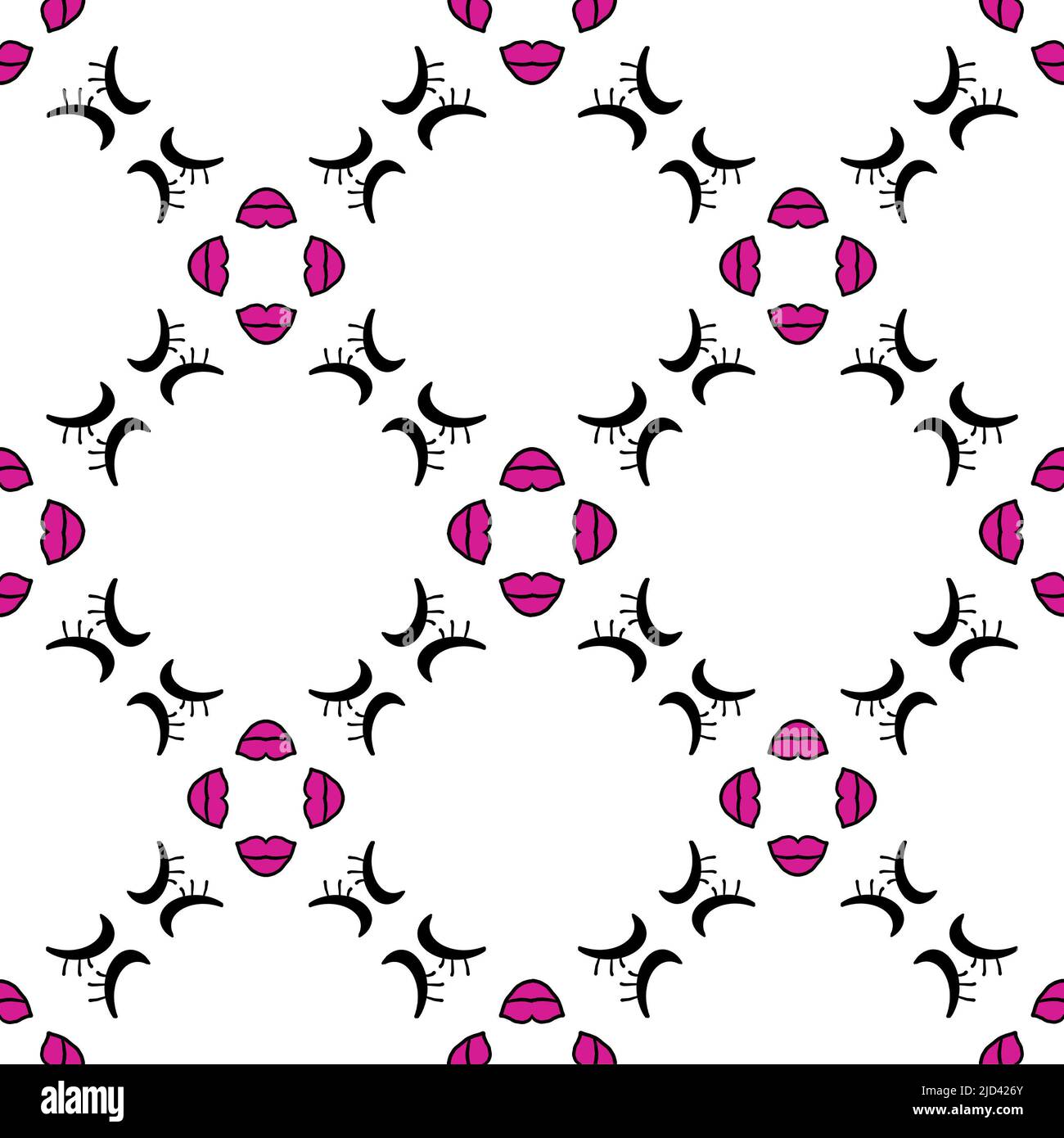 Pink lips and black eyelashes on white square repeating seamless pattern. Wallpaper, fabric, home decor. Stock Photo