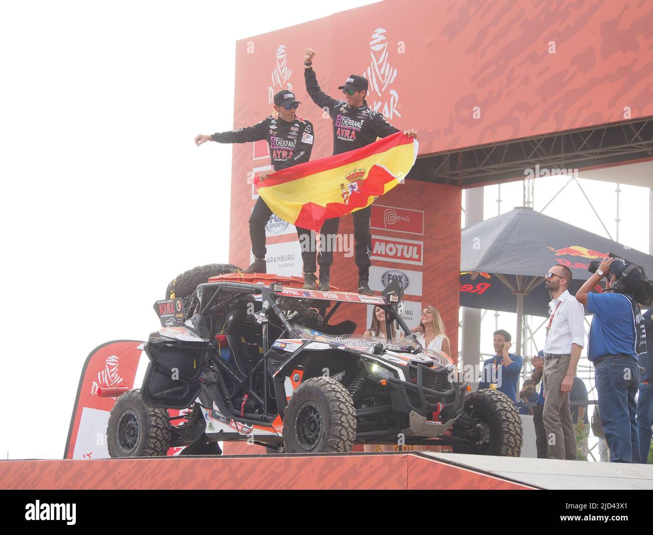 Can Am 436, Jose Luis Alvarez and Joel Alvarez, from Spain, Herranz Ayra Racing Team, on the podium during the starting of the 2019 Dakar Rally, ahead of the rally's Stage 1, Lima-Pisco. The Dakar rally runs this year 100% in Peru. Stock Photo