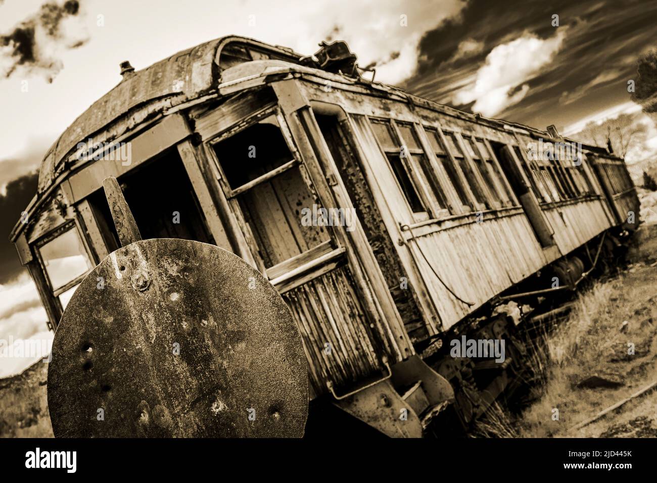 Old west train wreck  by Virginia City, Montana.   This old woodend train car is from the 1800's. Stock Photo