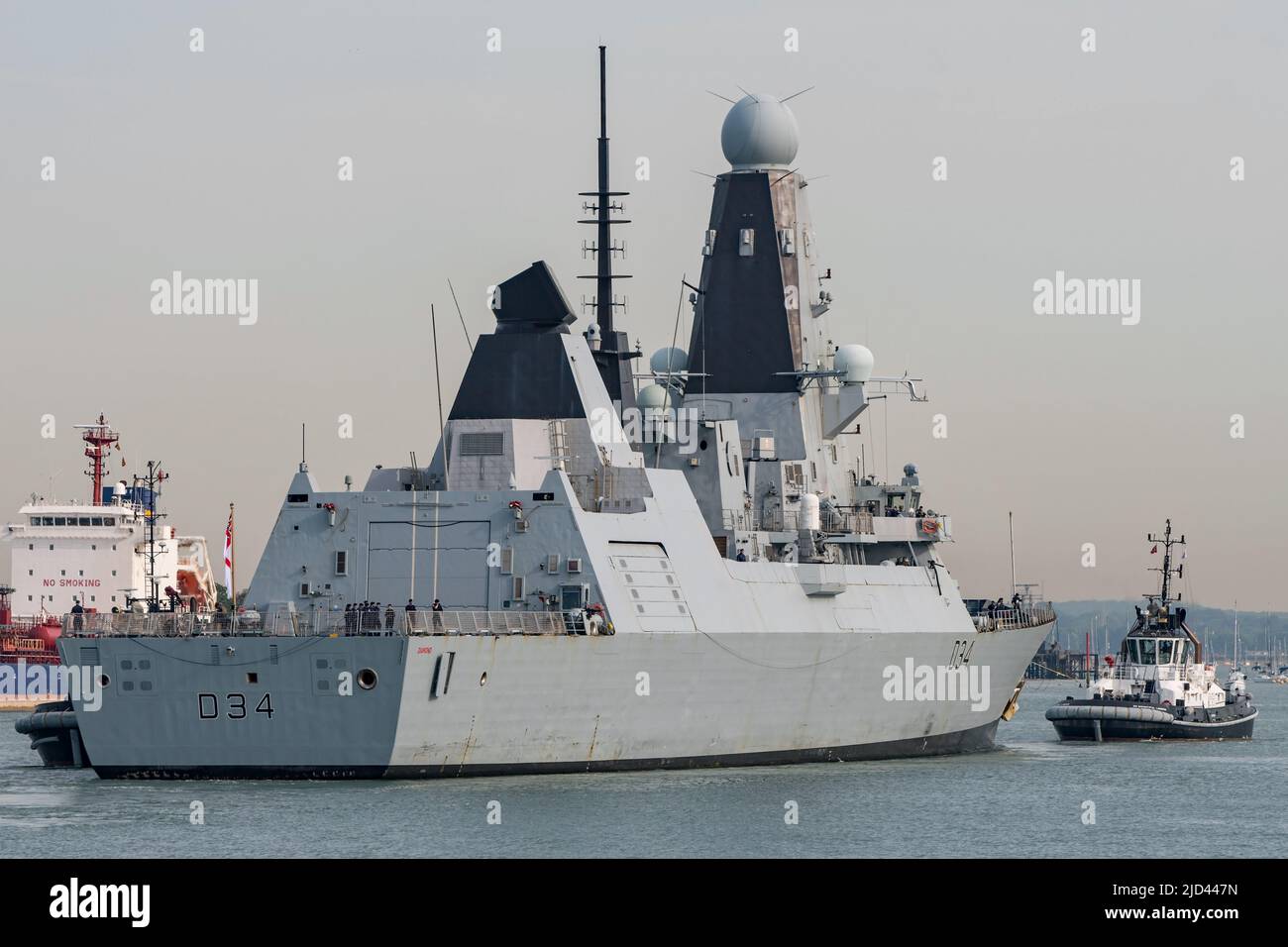The Royal Navy Type 45 Daring Class air defence destroyer HMS Diamond (D34) returned to Portsmouth, UK on 17/6/22 after operational sea training. Stock Photo