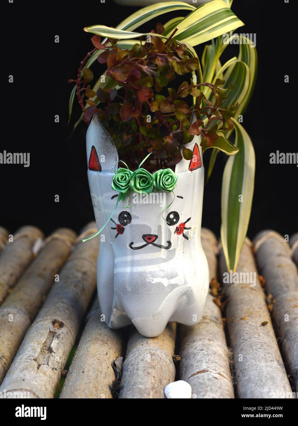 Vase made of plastic bottle with potted plant Stock Photo