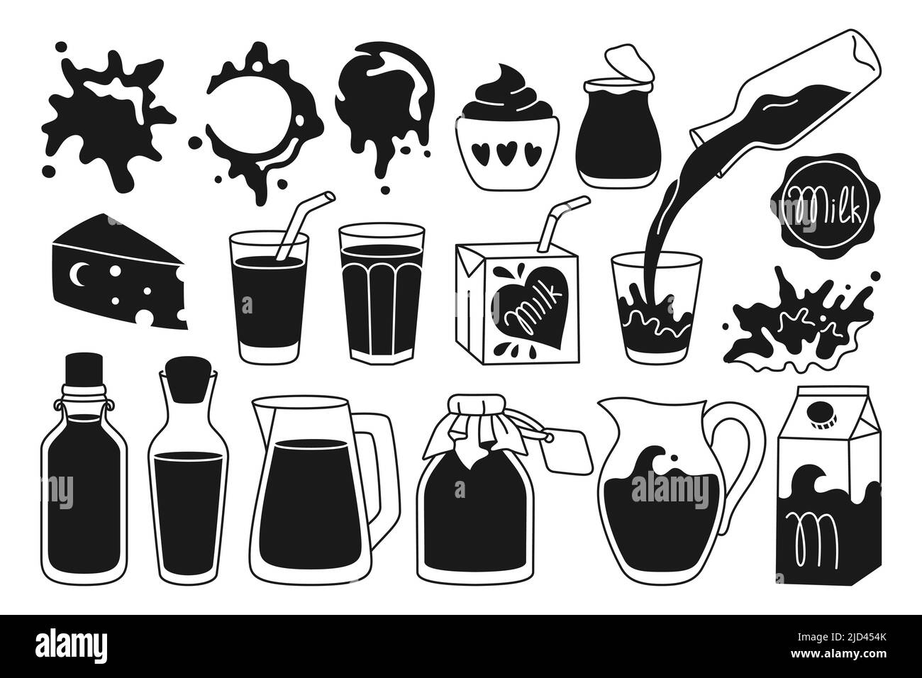 Milk food silhouette set. Farm foodstuff cheese and yogurt, drink in glass, jug, bottle or carton package line design. White pouring milk splashes drops drip. Natural dairy products graphic element Stock Vector
