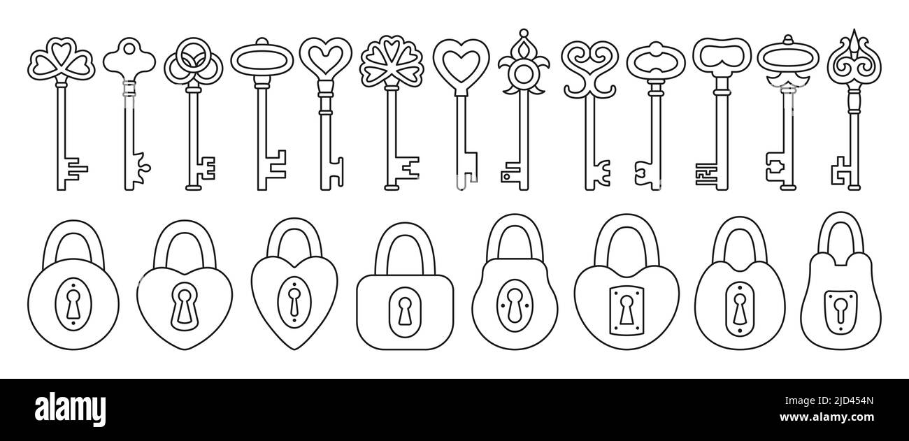 Lock and Key line icon set. Old doodle padlock for safety and security protection vintage design element. Private access symbol keys and locks for logo, game, web or app ui sign locking privacy Stock Vector
