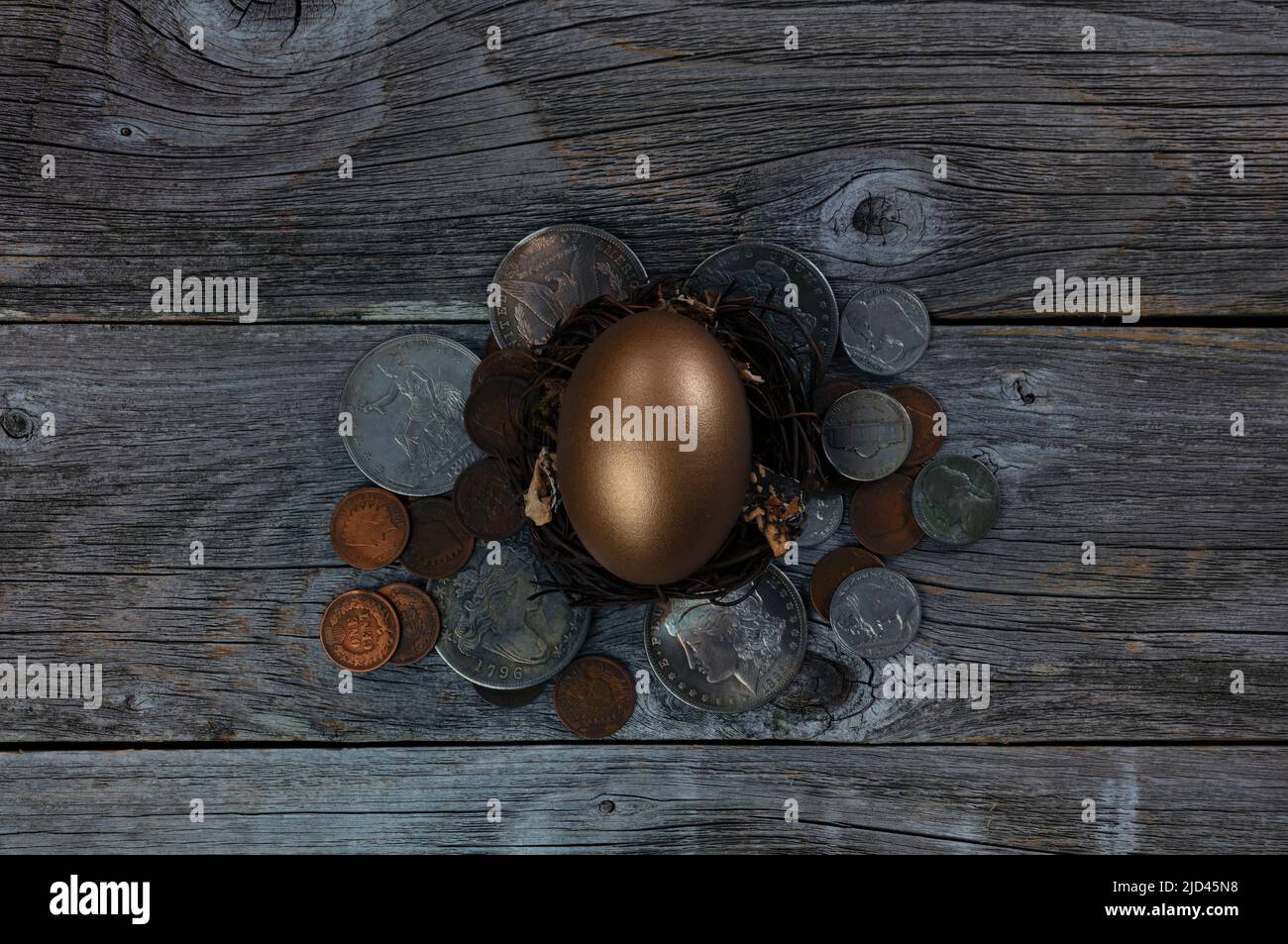 Golden egg in nest on top of old coins background for investment or retirement concept Stock Photo