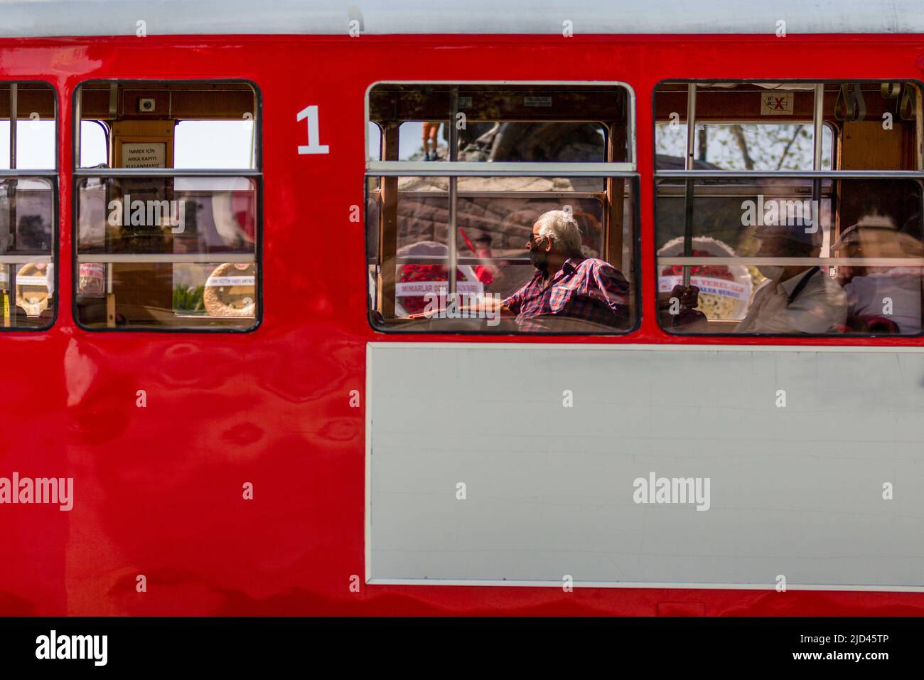 Nostalgic tram used in Antalya Turkey. Red Trams Stock Photo