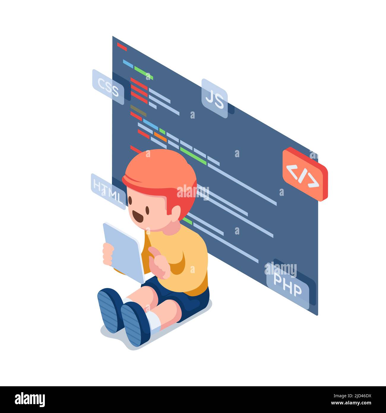 Flat 3d Isometric Kids Coding and Programing on Digital Tablet. Computer Programmer Education for Kids Concept Stock Vector