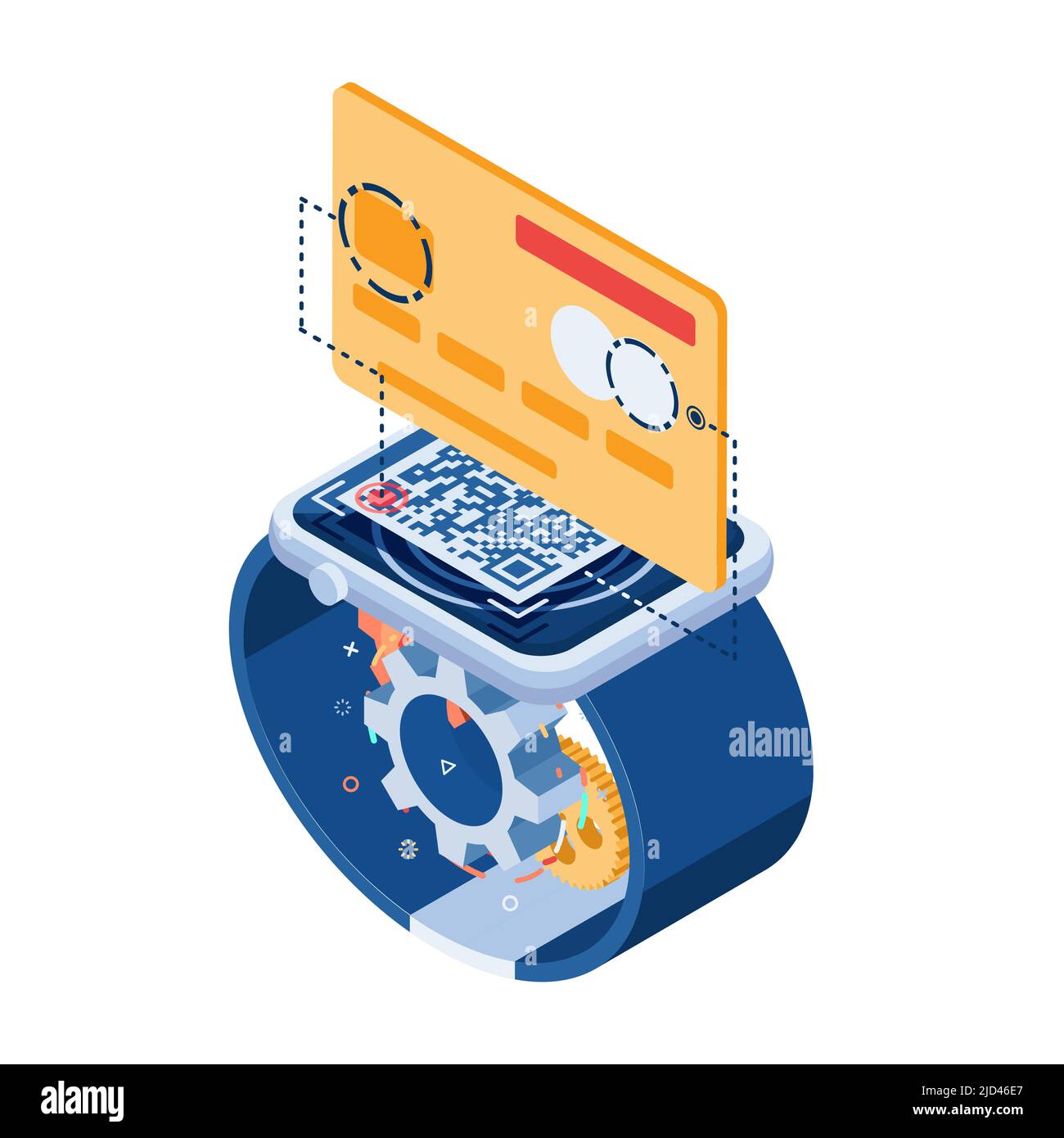 Flat 3d Isometric Credit Card QR Payment on Smartwatch. Contactless Wearable Payment Technology Concept. Stock Vector
