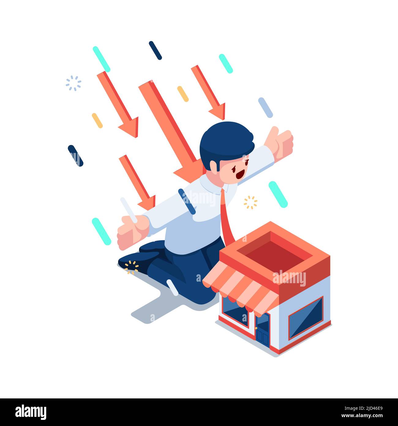 Flat 3d Isometric Businessman Protect Shopping Store from Falling Arrows. Business Protection Concept. Stock Vector