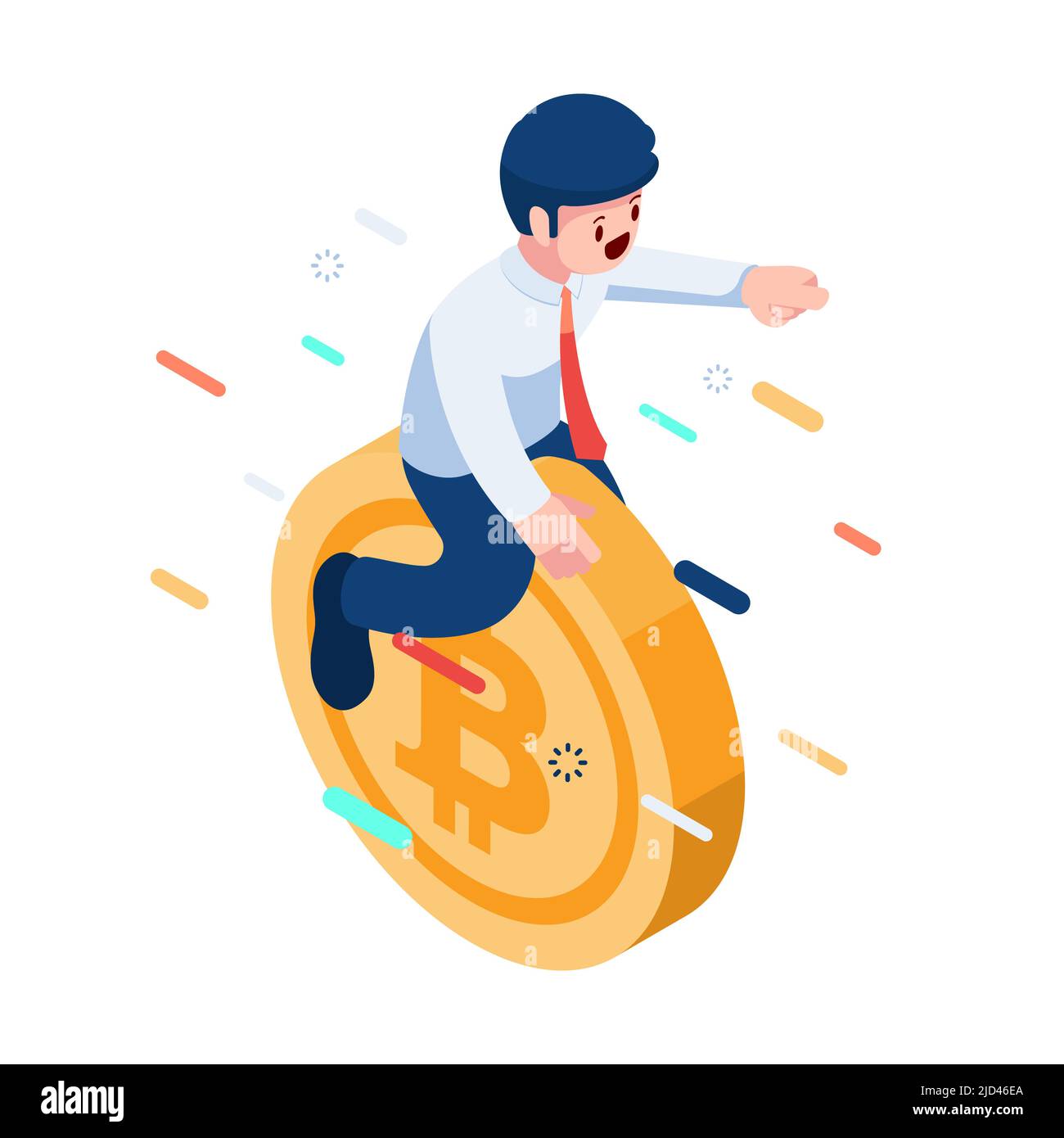 Flat 3d Isometric Businessman Riding Flying Bitcoin. Bitcoin and Cryptocurrency Concept. Stock Vector