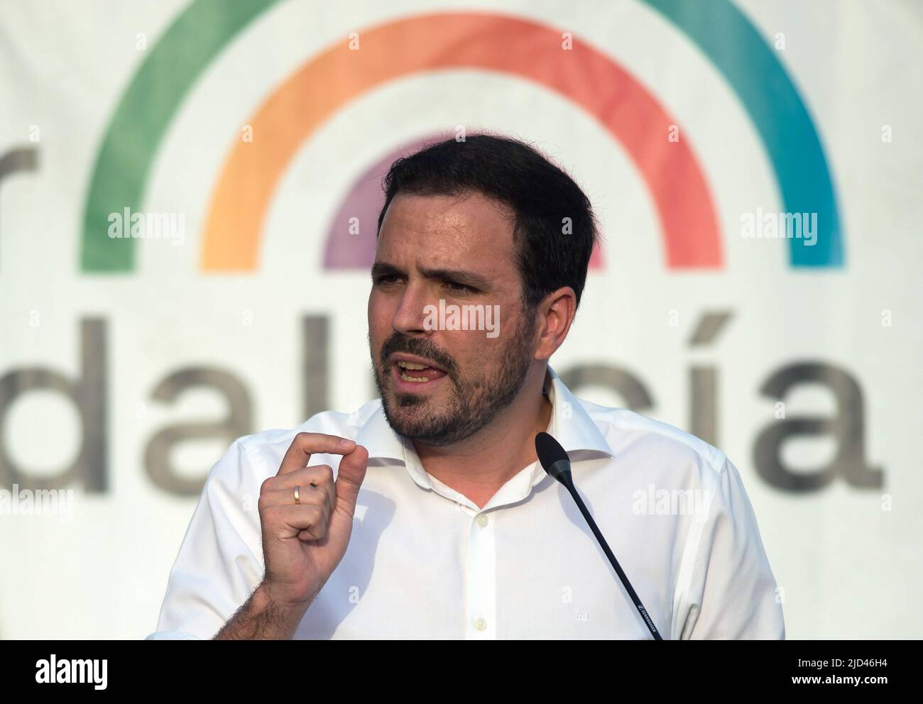 Spain's Minister of Consumer Affairs Alberto Garzon delivers a speech in a rally during the closing of Andalusian electoral campaign. Following the announcement of regional elections to be held on the 19th of June, the main political parties have started holding events and rallies in different cities in Andalusia. Several media polls place the Andalusian Popular Party in the lead, despite the rise of the Spanish far-right party VOX. Parties on the left of the political spectrum are fragmented. (Photo by Jesus Merida/SOPA Images/Sipa USA) Stock Photo