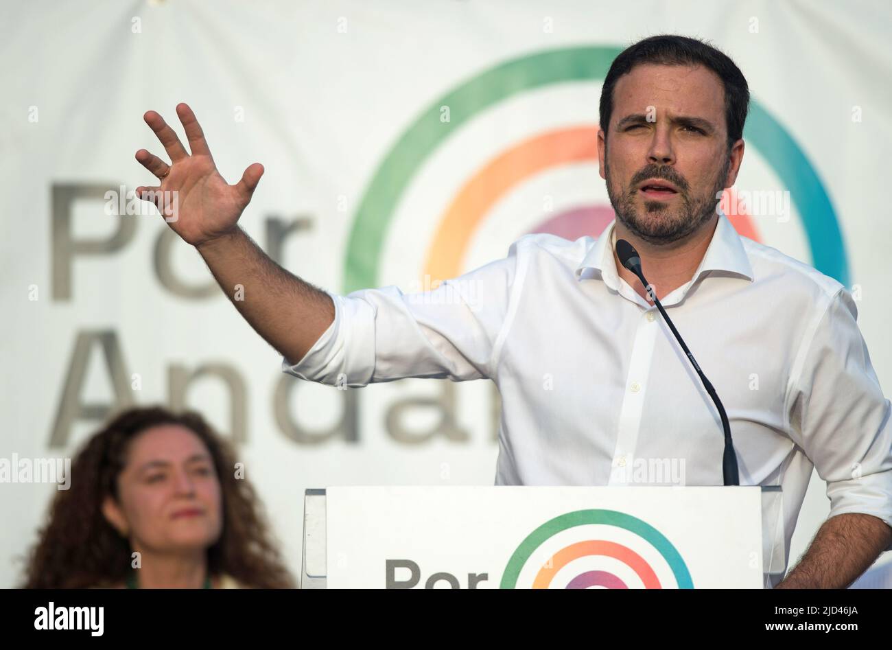 Spain's Minister of Consumer Affairs Alberto Garzon delivers a speech in a rally during the closing of Andalusian electoral campaign. Following the announcement of regional elections to be held on the 19th of June, the main political parties have started holding events and rallies in different cities in Andalusia. Several media polls place the Andalusian Popular Party in the lead, despite the rise of the Spanish far-right party VOX. Parties on the left of the political spectrum are fragmented. (Photo by Jesus Merida/SOPA Images/Sipa USA) Stock Photo