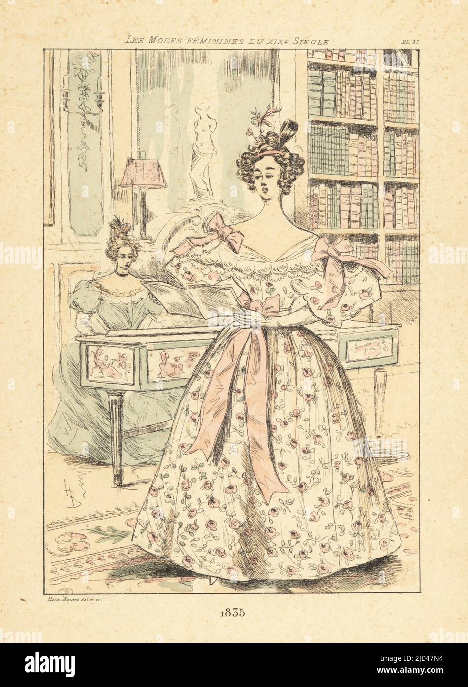 Fashionable woman singing from a musical score in a grand drawing room, accompanied by a lady on the harpsichord, Paris, 1835. She wears a low-cut gown decorated with ribbons, her hair in curls. Handcoloured drypoint or pointe-seche etching by Henri Boutet from Les Modes Feminines du XIXeme Siecle (Female Fashions of the 19th Century), Ernest Flammarion, Paris, 1902. Boutet (1851-1919) was a French artist, engraver, lithographer and designer. Stock Photo