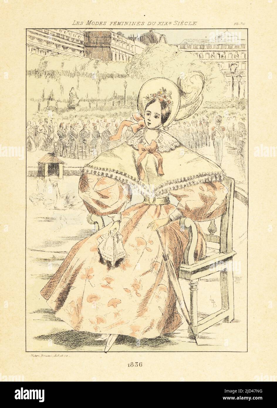 Fashionable woman sitting in a park, while a military band plays music, Paris, 1836. She wears a bonnet, dress with full sleeves, lace capelet and holds a handkerchief and parasol. Handcoloured drypoint or pointe-seche etching by Henri Boutet from Les Modes Feminines du XIXeme Siecle (Female Fashions of the 19th Century), Ernest Flammarion, Paris, 1902. Boutet (1851-1919) was a French artist, engraver, lithographer and designer. Stock Photo