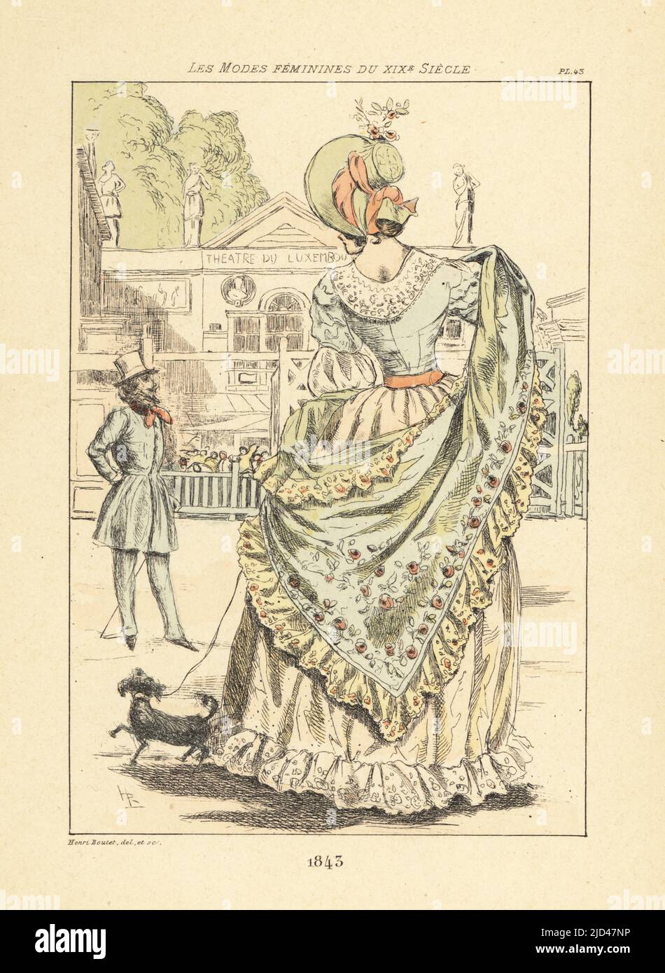 Fashionable woman in front of the Theatre du Luxembourg in the Jardins du Luxembourg, Paris, 1843. Founded by Bobino in the 1810s, the theatre specialized in acrobatics, pantomime, juggling and rope dancing. In bonnet, frilled dress, with shawl and lapdog. Handcoloured drypoint or pointe-seche etching by Henri Boutet from Les Modes Feminines du XIXeme Siecle (Female Fashions of the 19th Century), Ernest Flammarion, Paris, 1902. Boutet (1851-1919) was a French artist, engraver, lithographer and designer. Stock Photo