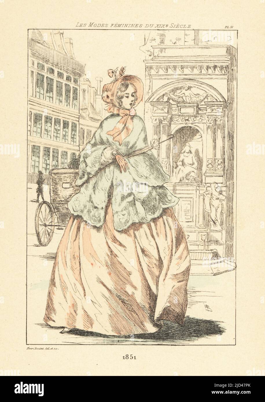 Fashionable woman at the Fontaine Moliere, rue Moliere, Paris, 1851. The fountain was erected by architect Louis Tullius Visconti with a statue by Bernard Gabriel Seurre and two allegorical figures, in 1844. Handcoloured drypoint or pointe-seche etching by Henri Boutet from Les Modes Feminines du XIXeme Siecle (Female Fashions of the 19th Century), Ernest Flammarion, Paris, 1902. Boutet (1851-1919) was a French artist, engraver, lithographer and designer. Stock Photo
