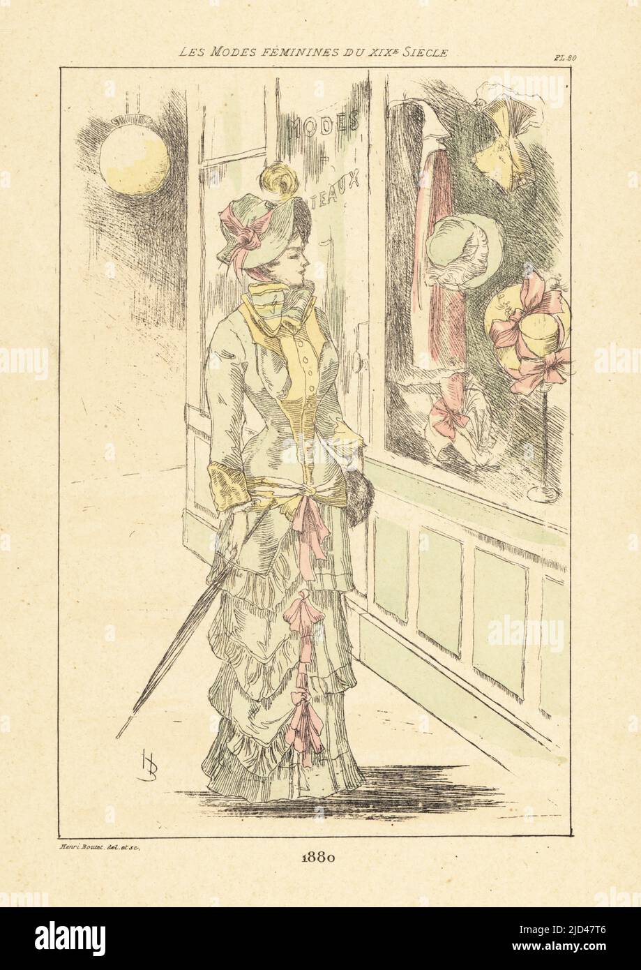 Fashionable woman window-shopping outside a clothes and hat shop, Paris, 1880. Handcoloured drypoint or pointe-seche etching by Henri Boutet from Les Modes Feminines du XIXeme Siecle (Female Fashions of the 19th Century), Ernest Flammarion, Paris, 1902. Boutet (1851-1919) was a French artist, engraver, lithographer and designer. Stock Photo