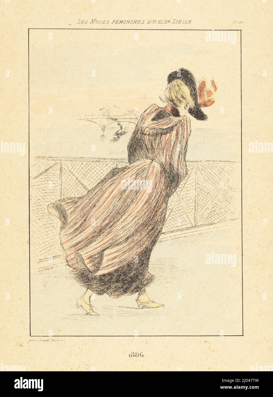 Fashionable woman walking on a windy day across Pont des Arts, Paris, 1886. Handcoloured drypoint or pointe-seche etching by Henri Boutet from Les Modes Feminines du XIXeme Siecle (Female Fashions of the 19th Century), Ernest Flammarion, Paris, 1902. Boutet (1851-1919) was a French artist, engraver, lithographer and designer. Stock Photo