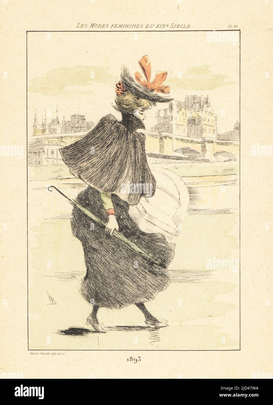 Fashionable woman promenading on the banks of the Seine, in front of the Bains de la Samaritaine, Paris, 1893. The hot baths were built in 1761 near Pont Neuf and sank in a flood in 1919. She wears a hat, high-collar cape, dress, holding a parasol and hat boxes. Handcoloured drypoint or pointe-seche etching by Henri Boutet from Les Modes Feminines du XIXeme Siecle (Female Fashions of the 19th Century), Ernest Flammarion, Paris, 1902. Boutet (1851-1919) was a French artist, engraver, lithographer and designer. Stock Photo