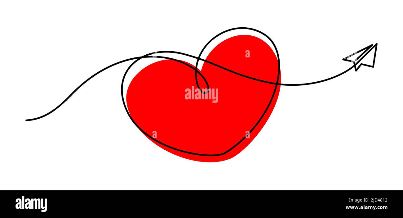 one line drawing of airplane paper heart shape flying love emotion