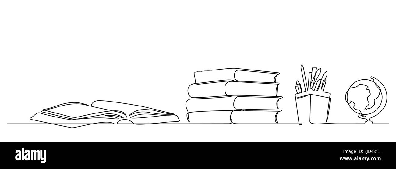 one line drawing of school stationery objects such as stack of book ...