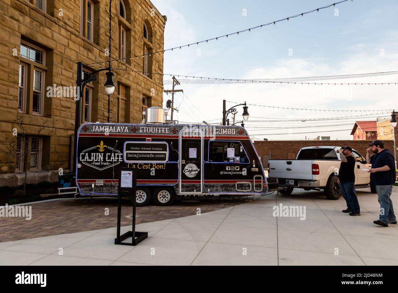 The Cajun Café food trailer sets up in Bluffton, Indiana, USA. Stock Photo