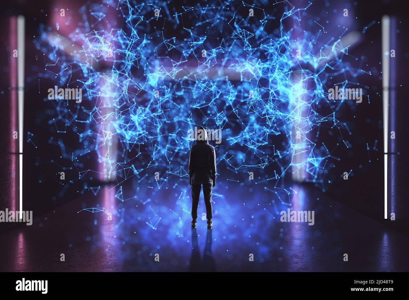 Virtual reality, cyberspace and metaverse concept with back view on