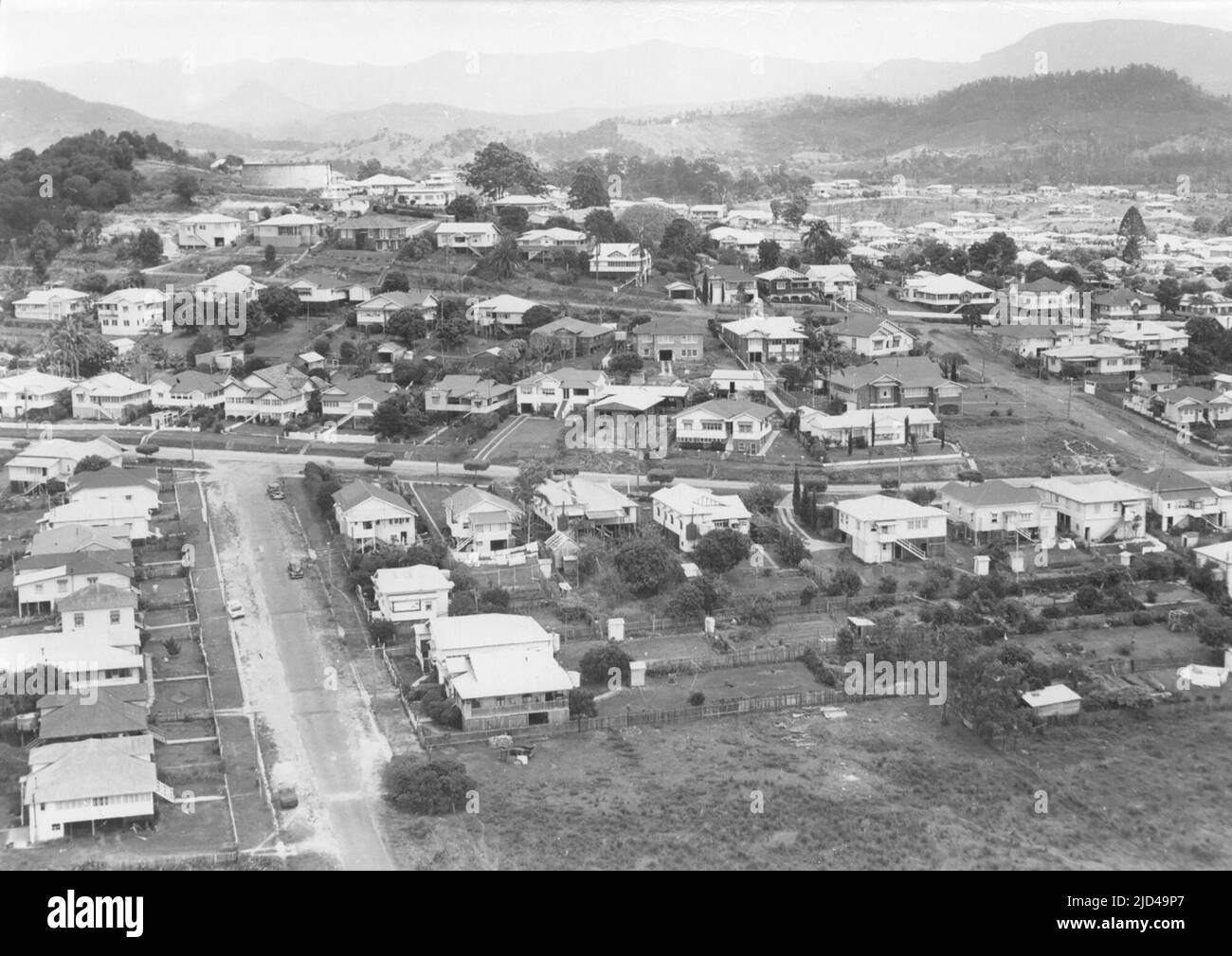 Aerial view of Murwillumbah in 1957, showing Hartigans hill Stock Photo