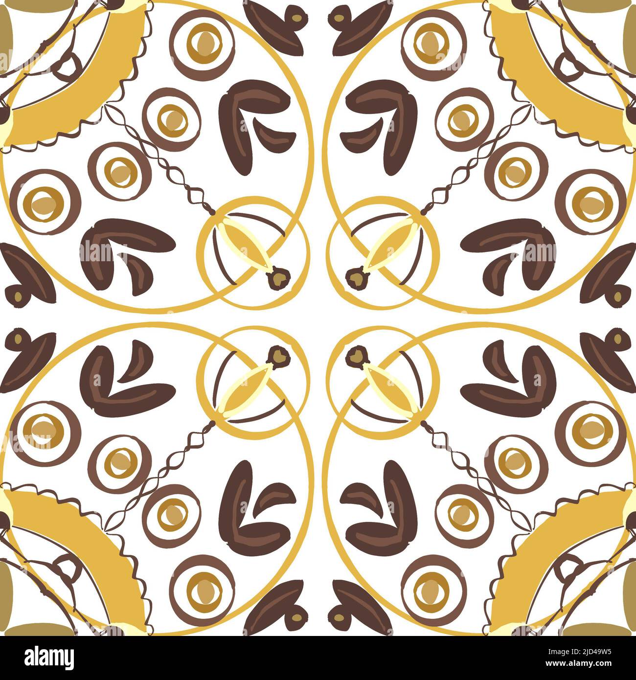 Hand painted mandala style in brown and yellow seamless surface pattern repeat. Stock Photo