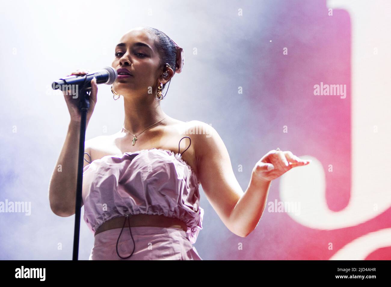 Jorja Smith performs live on stage at Way Out West festival in Slottsskogen, Gothenburg. Stock Photo