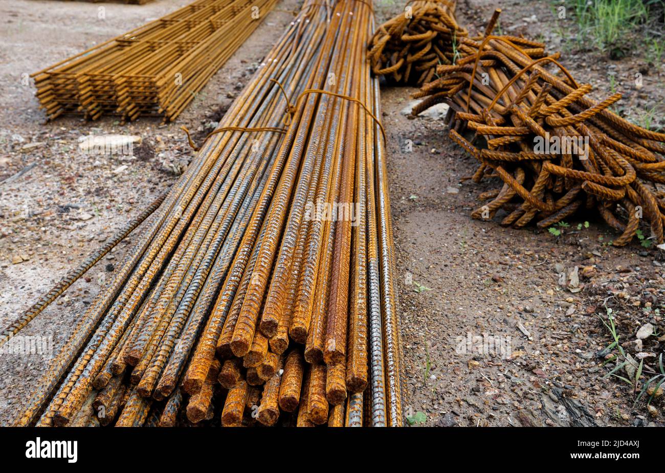 Steel rods or bars used to reinforce concrete for house building Stock Photo