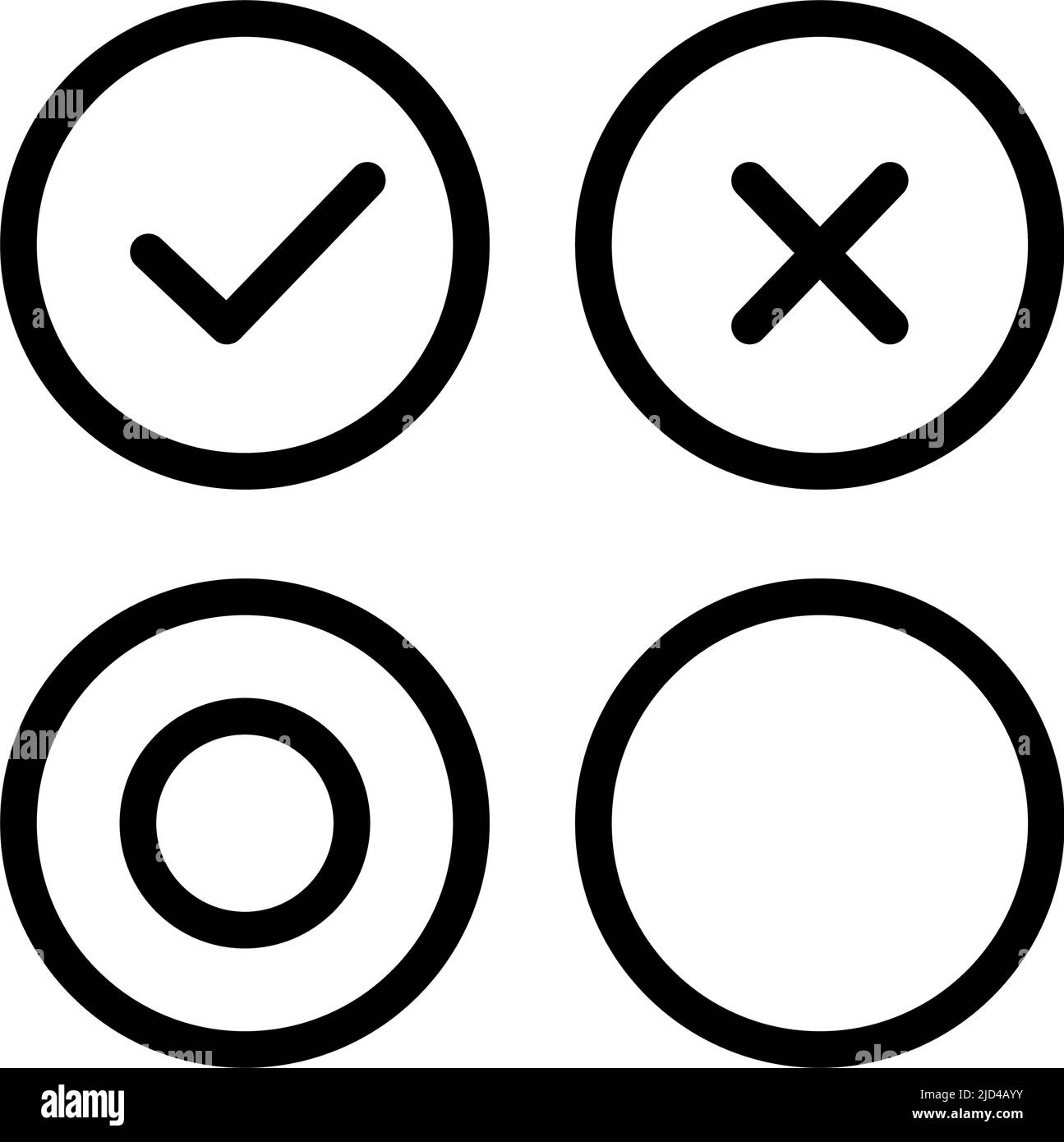 Icon set of check mark, cross mark and round mark. Editable vector