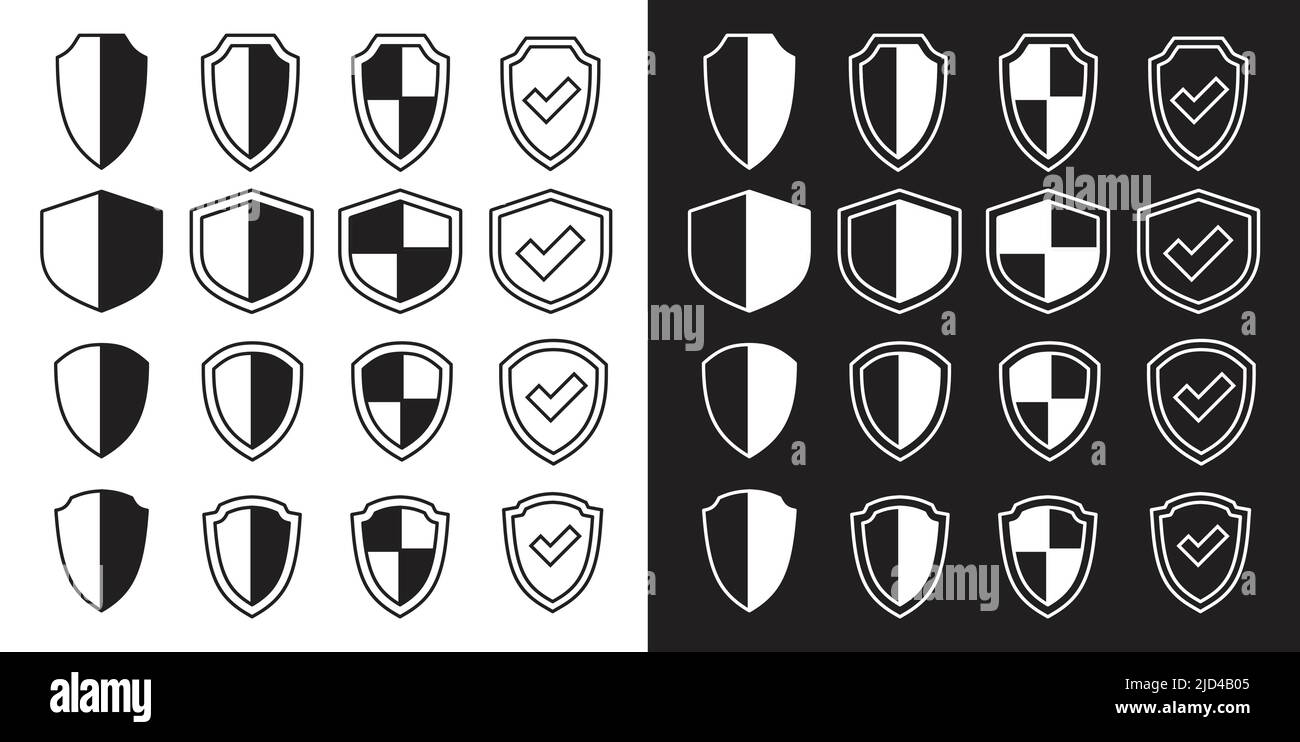 Protective shield icons vector set on white and black backgrounds Stock Vector