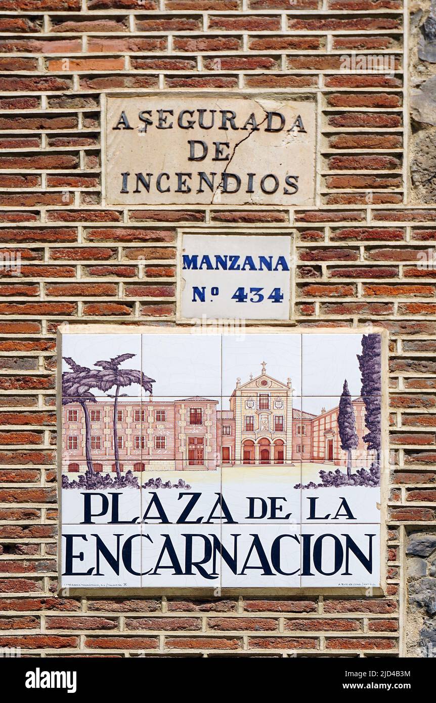Street sign of the Plaza de la Encarnacion;the sqaure where The Real Monasterio de la Encarnación is located.aka Royal Monastery of the Incarnation.Founded by Queen Margaret of Austria.Monastery of Recollet Augustines,Madrid Spain. Stock Photo
