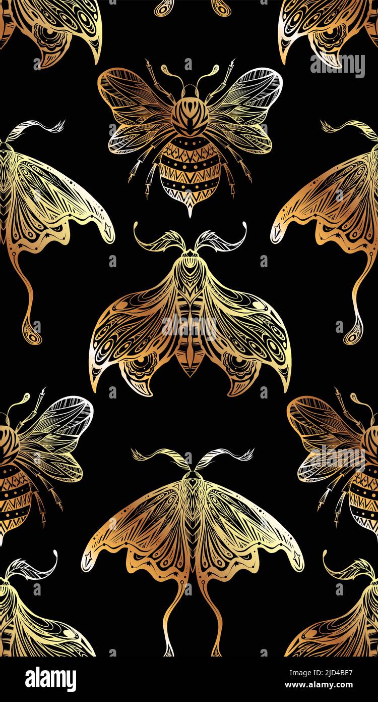 Seamless luxury pattern with drawing bee and moth with boho decoration ...
