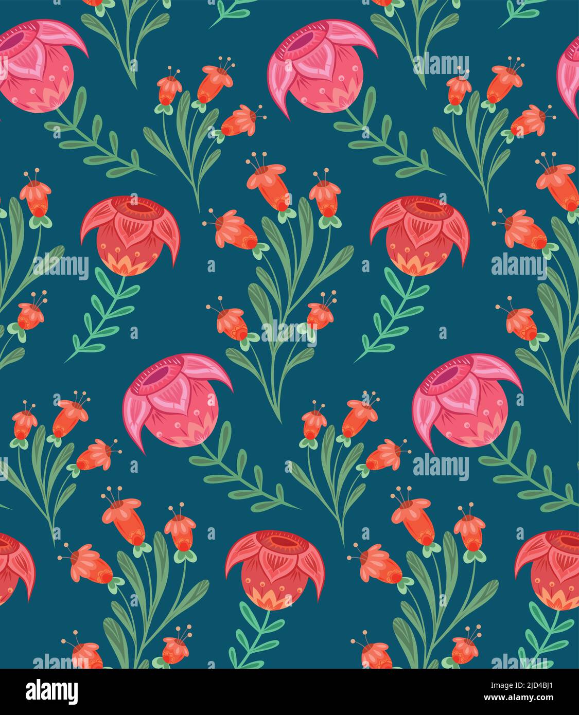 Vector seamless traditional pattern with flowers and twigs with folk ...