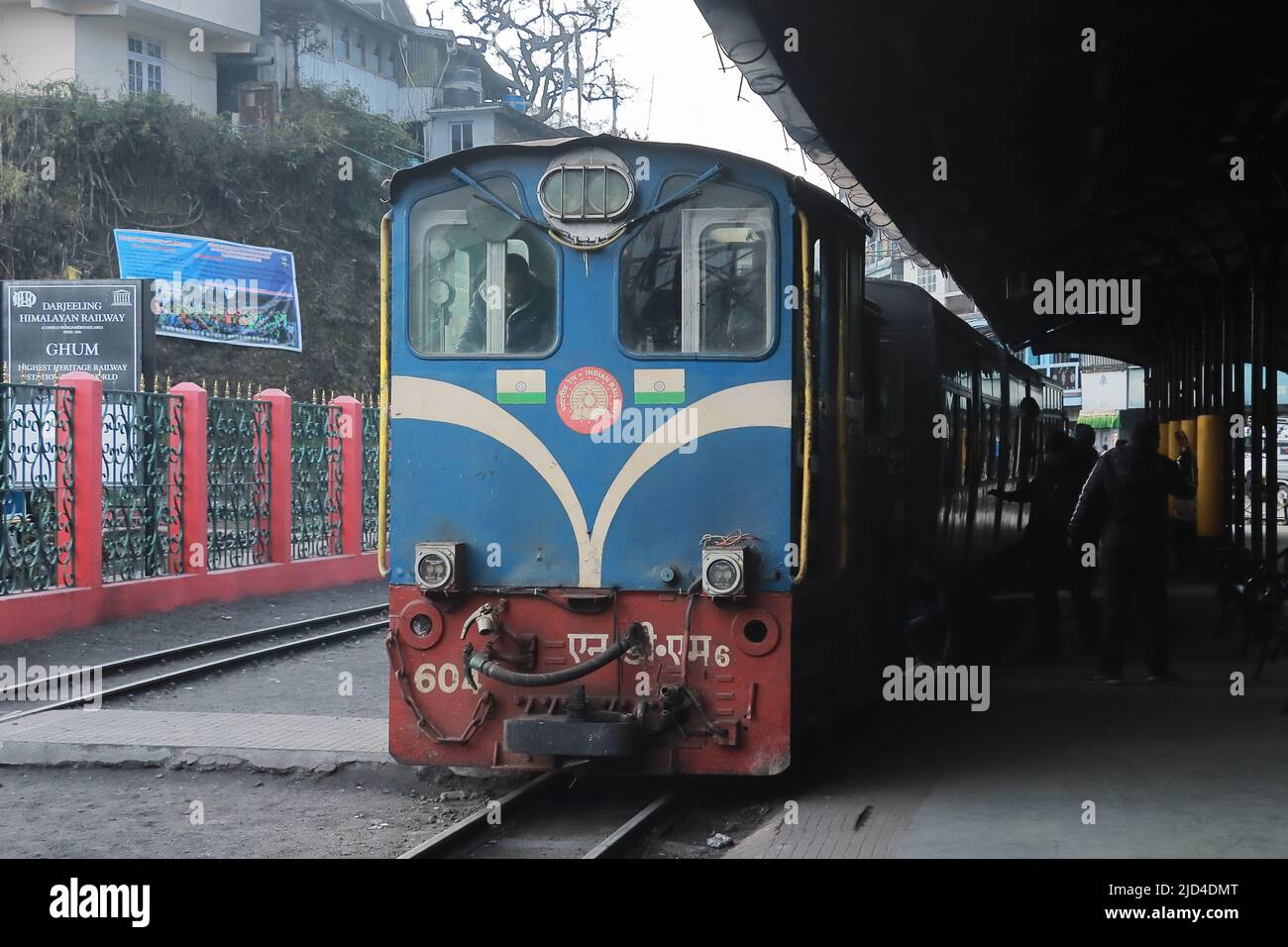 Darjeeling, West Bengal, India - 15th February: beautiful darjeeling himalayan toy train at ghum or ghoom railway station, (unesco world heritage site Stock Photo