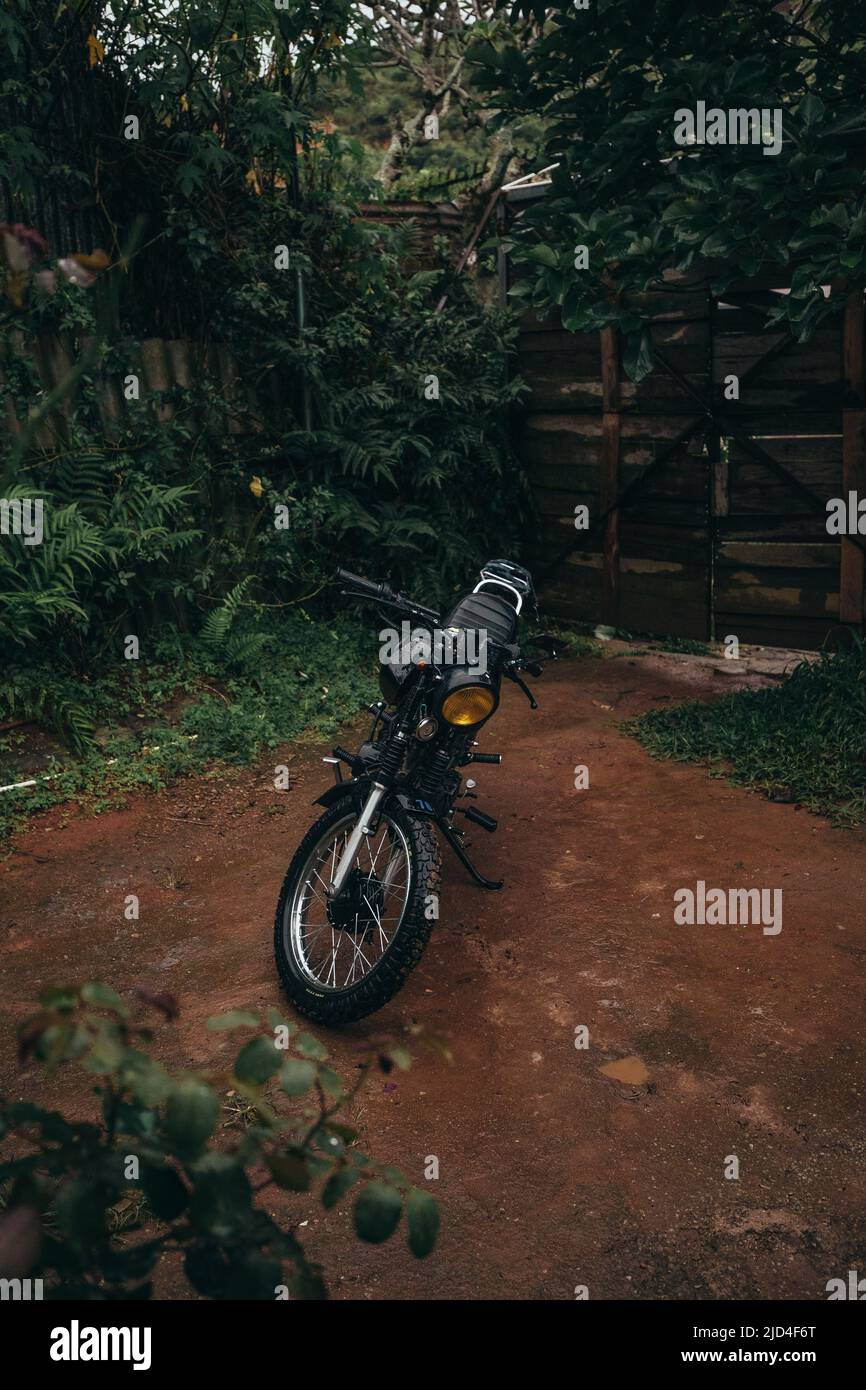 vintage cafe racer motorcycle parked in an outdoor yard surrounded by ...