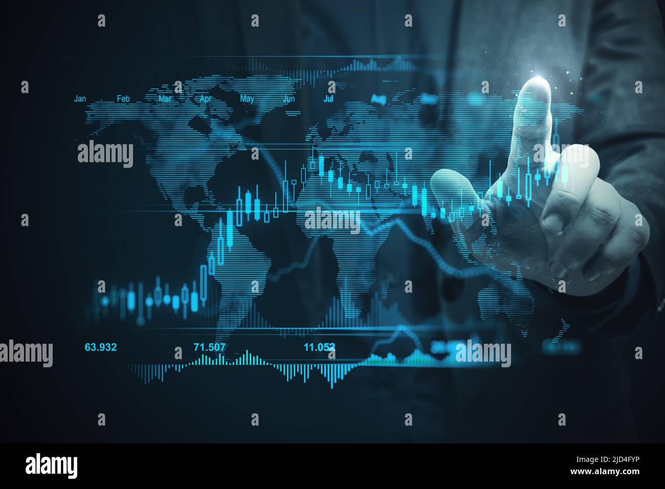 Global trading and investing concept - Global Trading And Investing Concept With World Map Stock Market Indicators And Candlestick On Digital Screen Touching By Man Finger 2JD4FYP map stock market